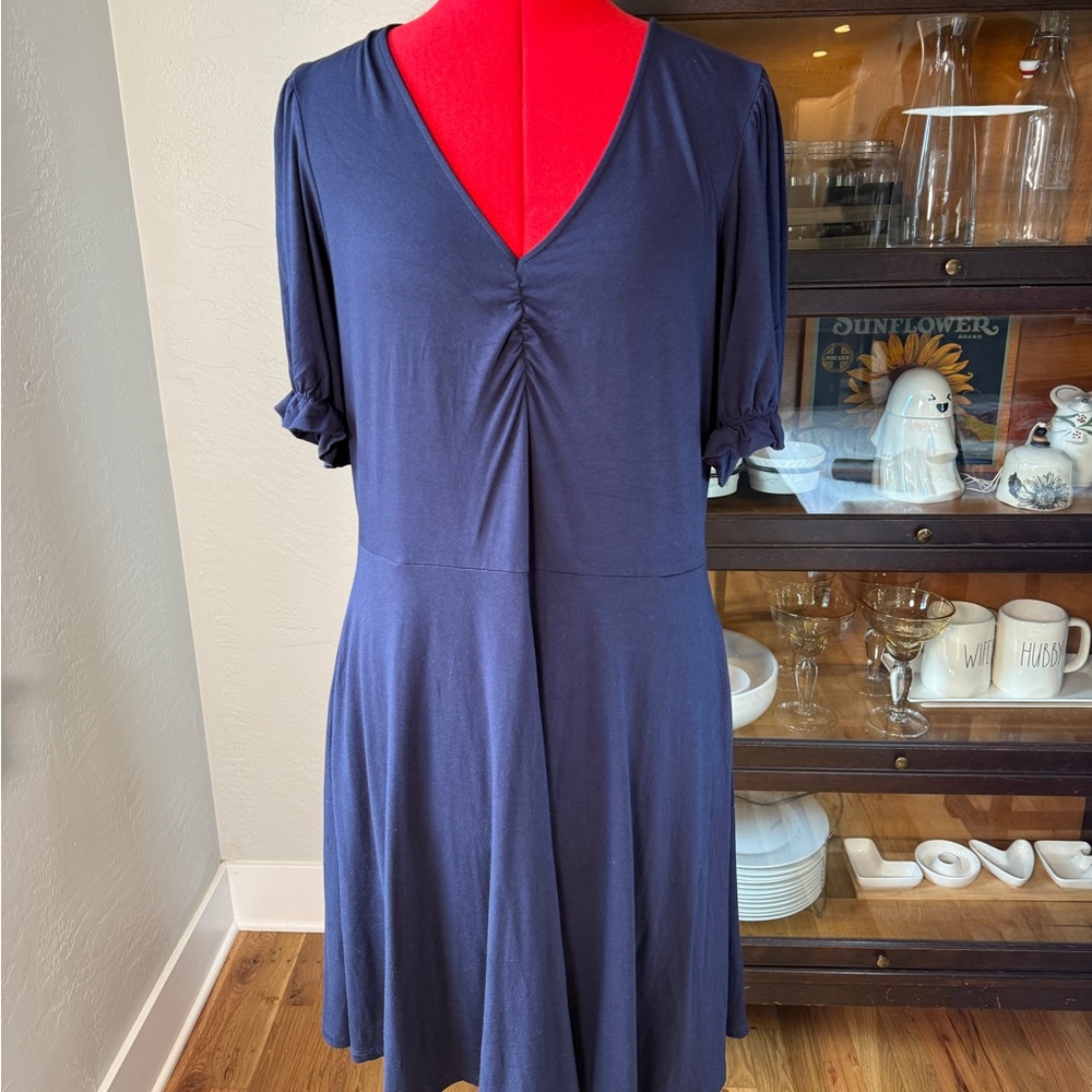 Boden Navy Blue V-Neck Midi Dress Short Sleeve EcoVero Fabric Size 12